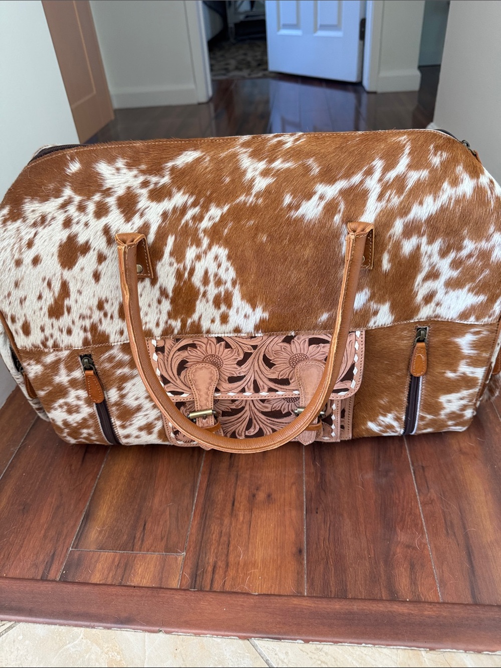 HugeCowhide Pattern Travel Tote Bag in Brown & White with Tooled Leather Accents